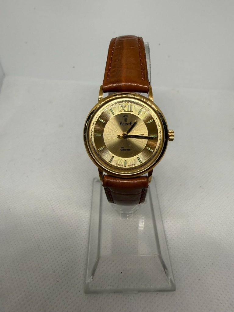 Vicence 14k Yellow Gold Swiss Quartz Men's Sunburst Dial Brown Leather Watch